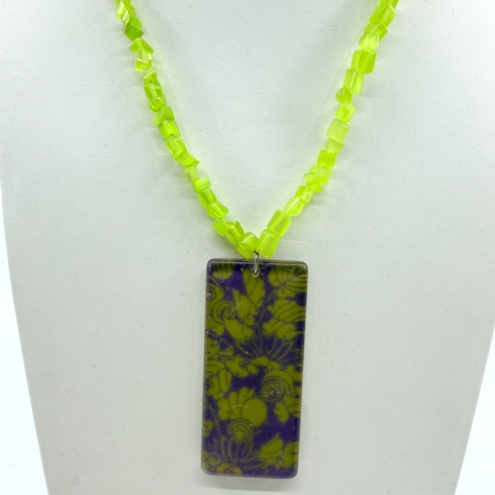 Y2K Neon Lime Bead Necklace with Bold Floral Pendant Statement Piece
